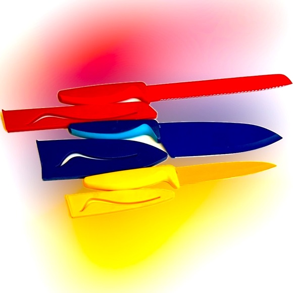 VTG RARE KUHN RIKON SET OF 3 NONSTICK BLADE KNIVES RED BLUE YELLOW 10” 11” 12” - Picture 3 of 10